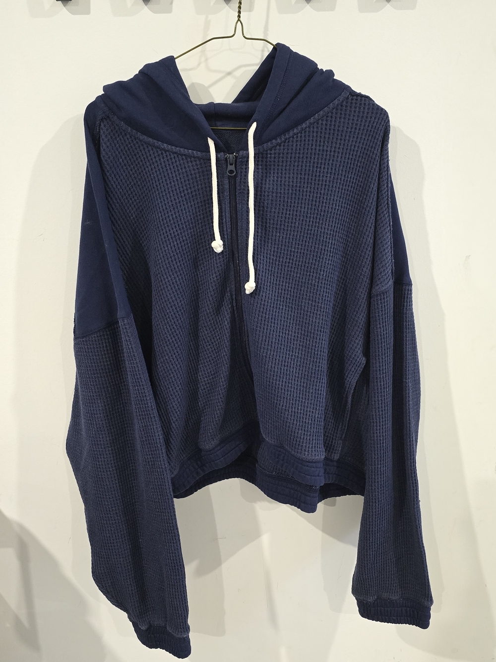 aerie Navy Waffle-Knit Hooded Zip-Up Sweater